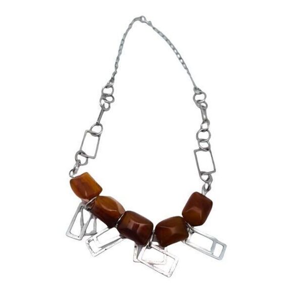 BAKELITE Vintage .925 Sterling Silver and Bakelite Bead Geometric Necklace - Picture 2 of 4